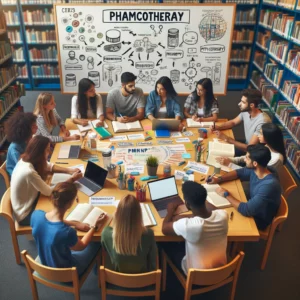 DALL·E 2024 02 27 14.17.12 A diverse group of PMHNP students sitting around a large table in a library engaged in a study group session. They are discussing concepts sharing n